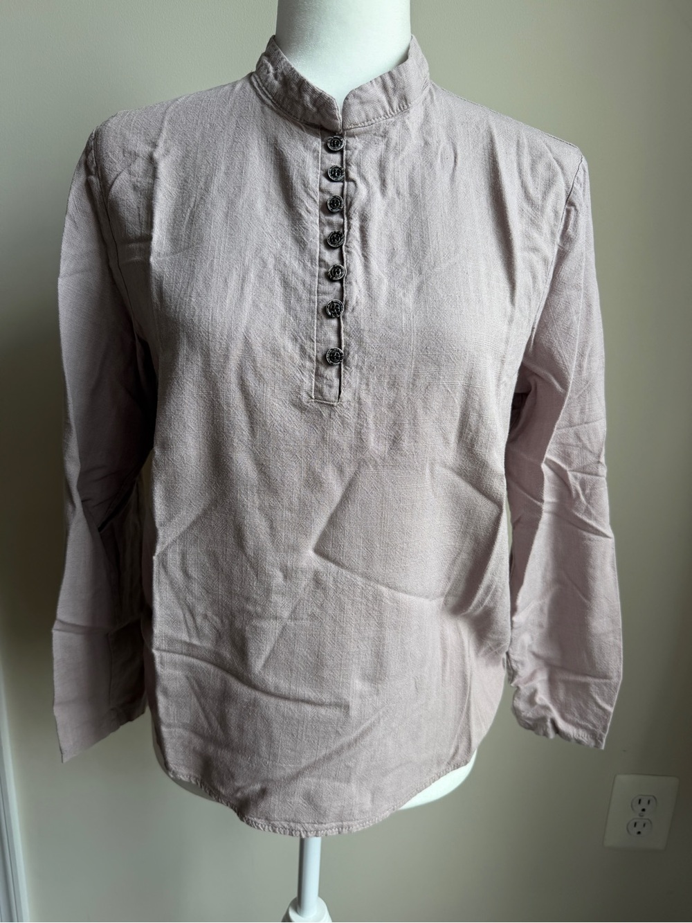 Linen Rayon Blend Mandarin Collar Womens Lightweight Long Sleeve Shirt